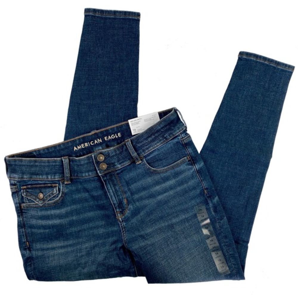 Y2K 00s 90s Low Rise Jeggings Dark Blue Skinny Jeans 16 Flap Pockets Flattering - Picture 1 of 12